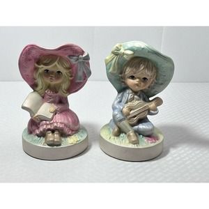Bonnet Girl W/ Book & Bonnet Boy W/ Instrument Porcelain Vintage Figurines